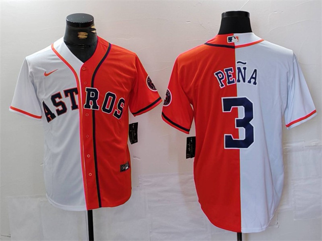 Men's Houston Astros #3 Jeremy Peña White/Orange Split With Patch Cool Base Stitched Baseball Jersey Men's Houston Astros #3 Jeremy Peña White/Orange Split With Patch Cool Base Stitched Baseball Jersey